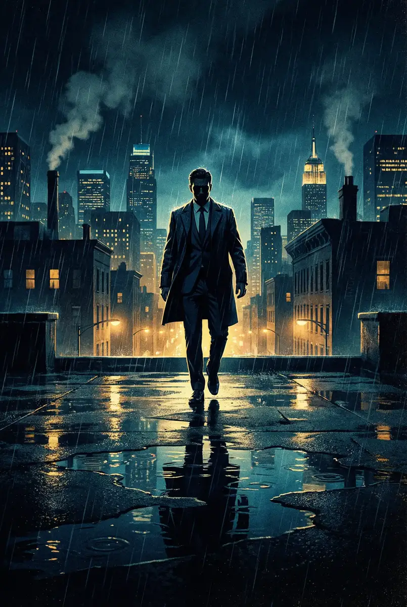 恋爱暴君ova2下载 出品影片《雨夜独行者》海报，雨中城市屋顶男性剪影